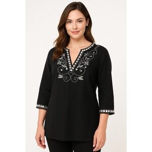 Morgan Cole‎ XL Black Tunic Top Embroidered Sequins Boho Peasant 3/4 Sleeve